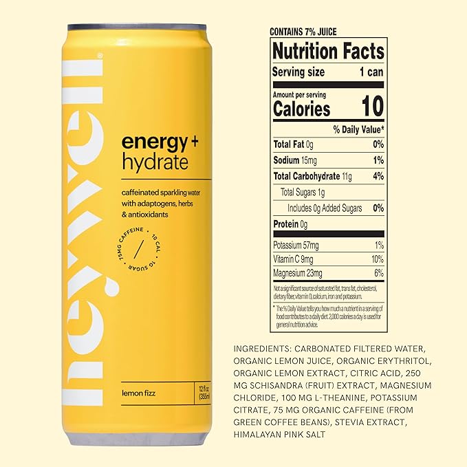 Heywell Sparkling Adaptogenic Water Energy and Focus Lemon Fizz Flavor 12 Fluid Ounce (Pack of 12) - Caffeinated Organic Non GMO Vegan Gluten Free Dairy Free