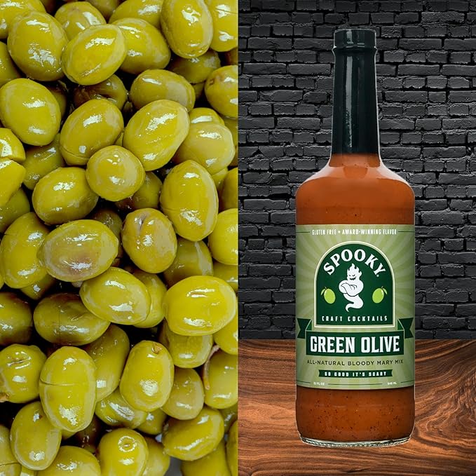 SPOOKY - Green Olive Bloody Mary Mix - Made With All Premium Natural Ingredients - No Artificial Color or Flavor - No Preservative No MSG Low Carb Low Calorie &amp Gluten Free - 32 Oz (Pack of 2)