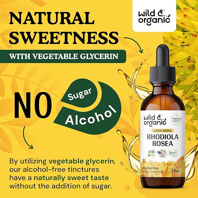 Wild &amp Organic Rhodiola Rosea Tincture - Mood Support - Relaxing Rhodiola Supplement - Root Extract Liquid Drops - Vegan Sugar &amp Alcohol-Free - 2 fl oz