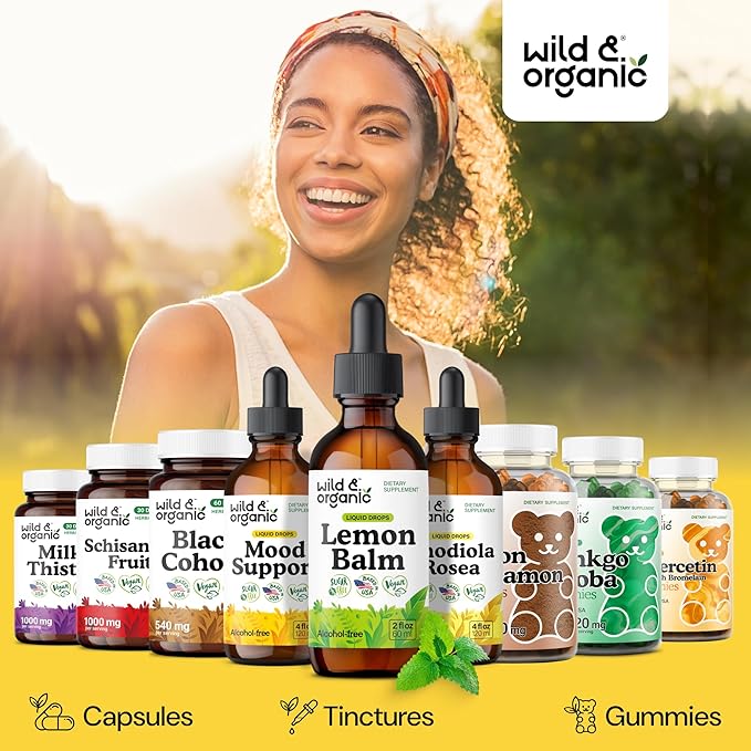 Wild &amp Organic Lemon Balm Drops - Relaxing Lemon Balm Leaf Extract Supplement - Calming Melissa Officinalis Tincture - Vegan Sugar &amp Alcohol-Free - 2 fl oz