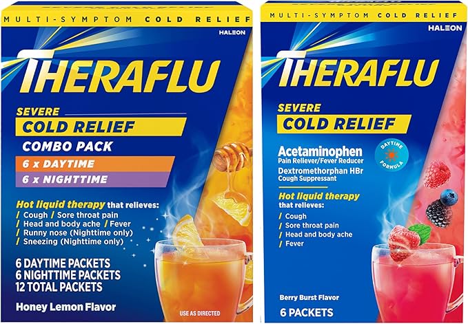 Theraflu Combo Daytime and Nighttime Severe Cold Relief Honey Lemon Flavor Powder and Daytime Severe Cold Relief Berry Burst Flavor Powder 6 Daytime + 6 Nighttime and 6 Berry Burst Powder Packets