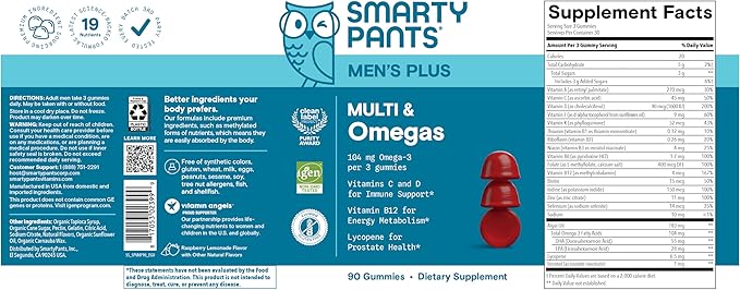 SmartyPants Men's Multivitamin Gummies Omega 3 (DHA/EPA) Methylfolate Vitamin D3 C Vitamin B12 B6 Vitamin A K Zinc &amp Selenium Gluten Free 90 Count (30 Day Supply)