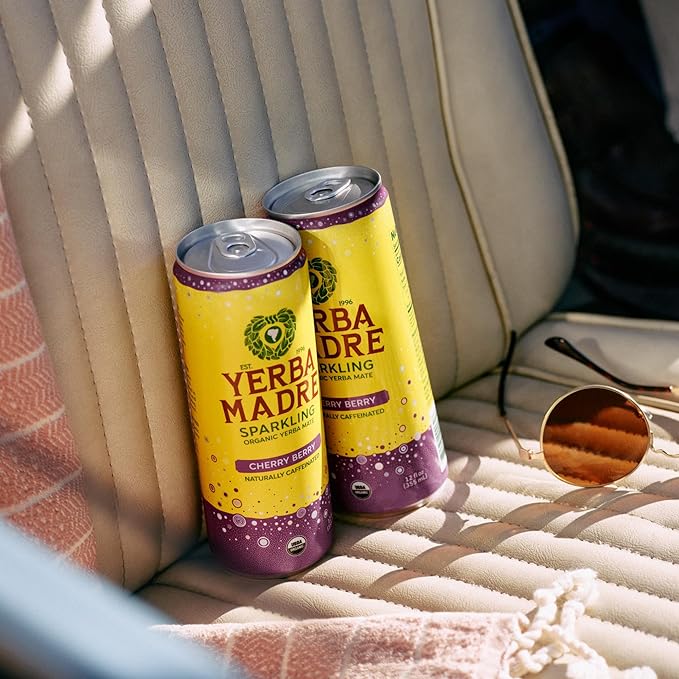 Yerba Madre Organic Sparkling Yerba Mate Cherry Berry 115mg Natural Plant Based Caffeine Smooth Energy &amp Focus Carbonated 12oz Cans (Pack of 12)
