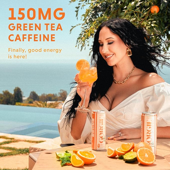 GORGIE Sugar Free Natural Energy Drinks Jaclyn Hill Orange Twist (12 Pack) Healthy Sparkling Energy Drinks Natural Coffee Replacement with Green Tea Caffeine and Biotin Vegan Low Calorie