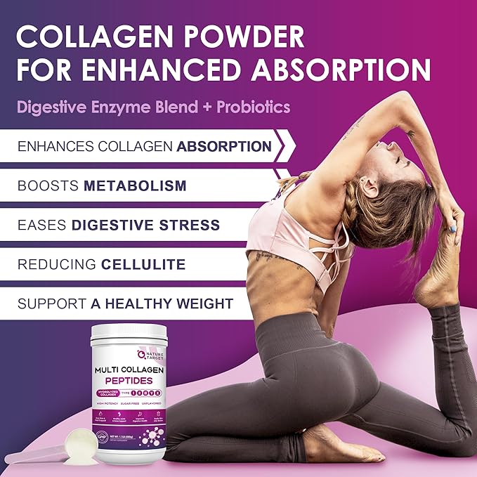 NATURE TARGET Multi Collagen Peptides Powder - Type I II III V X - Hydrolyzed Collagen Peptides with Vitamin C Hyaluronic Acid Supports Skin Hair Nail &amp Joint Grass-Fed Non-GMO 50 Servings