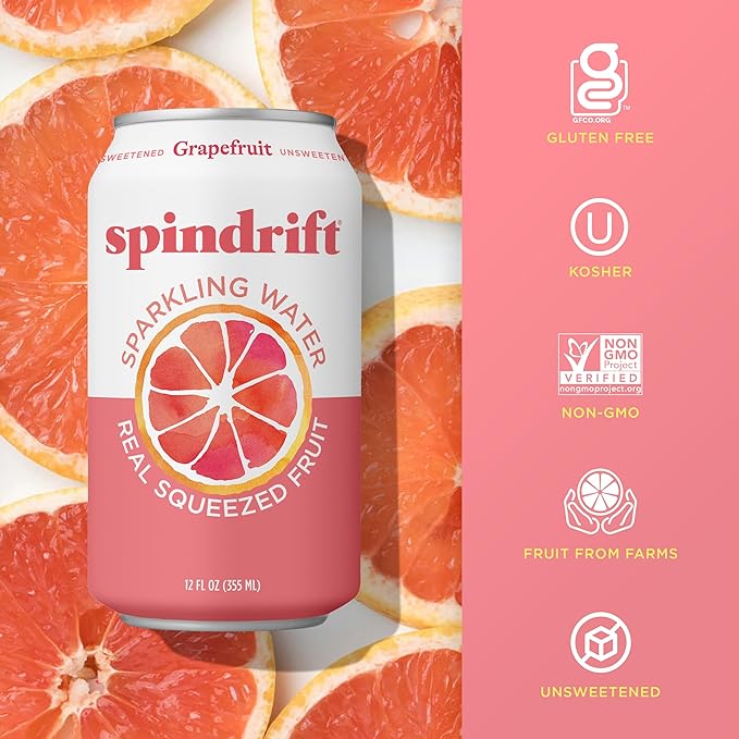 Spindrift Sparkling Water Grapefruit Flavored Made with Real Squeezed Fruit (Only 15 Calories per Can) 12 Fl Oz (Pack of 24)