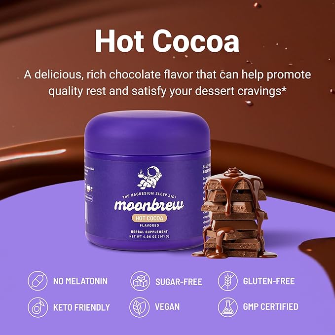 MoonBrew Nighttime Magnesium Hot Cocoa Natural Sleep Aid Drink Mix for Adults 2-Pack - Calming Melatonin-Free Sleep Support - Sleepy Hot Chocolate Powder with L-Theanine Chamomile &amp Zinc Glycin