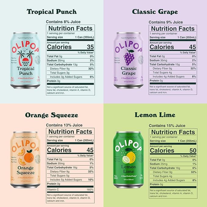 OLIPOP - Taste Test Pack 12-Flavor Soda Variety Pack Healthy Soda Prebiotic Soft Drinks Supports Digestive Health &amp Gut Health High Fiber Low Calorie Low Sugar (12 oz 12-Pack)
