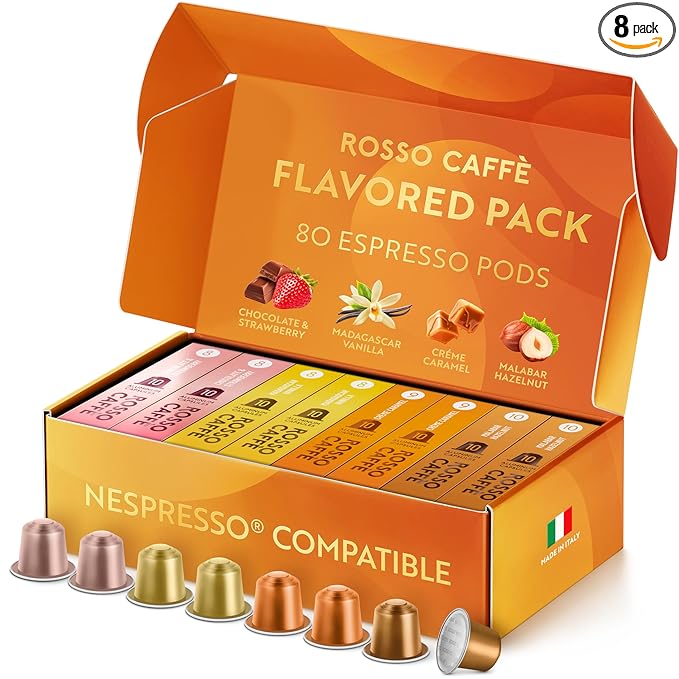 ROSSO CAFFÈ Espresso Coffee Pods for Nespresso Original Machines - 80 Capsules Flavored Pack 4 Rich and Balanced Flavors (Chocolate Vanilla Crème Caramel Hazelnut) - Made in Italy