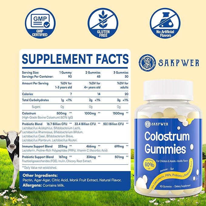 Bovine Colostrum Supplement Gummies - with 60% Highest IgG Lactoferrin Probiotics and Prebiotics for Adults and Kids Vanilla Flavor &amp Sugar Free 90 Gummies