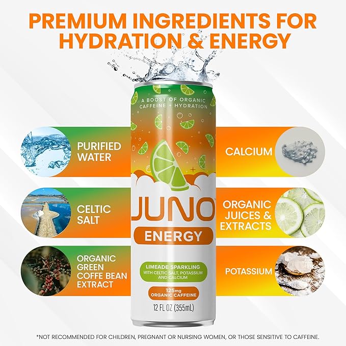 JUNO ENERGY Limeade Sparkling Energy Drink - Sugar Free Electrolytes Energizing and Hydrating with 125mg Organic Caffeine from Green Coffee Beans Stevia Lime Juice &amp Electrolytes - Vegan Glute