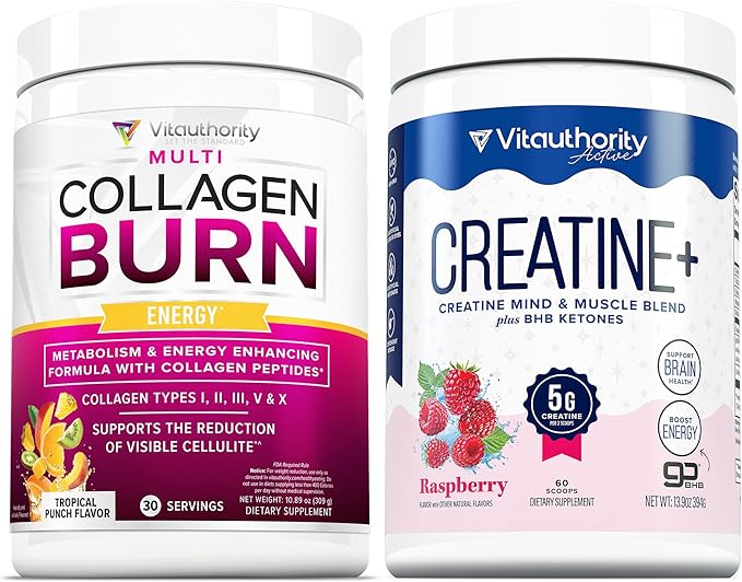 Vitauthority Multi Collagen Burn Energy: Hydrolyzed Protein Peptides with Hyaluronic Acid and Creatine Monohydrate Powder for Women Micronized Creatine Monohydrate with goBHB &amp CognatiQ