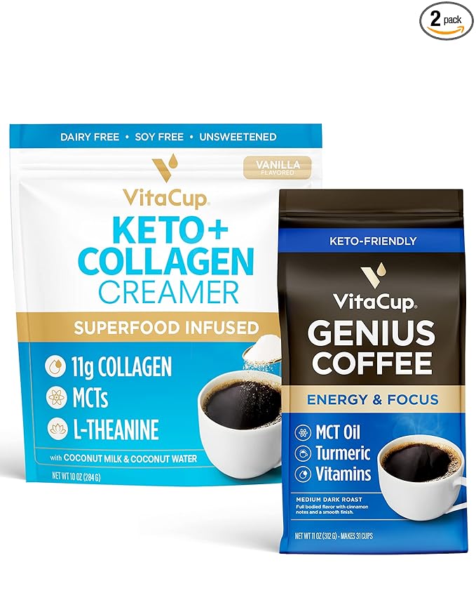 Vitacup Genius Ground Coffee &amp Keto + Collagen Vanilla Coffee Creamer Bundle for Keto Diet Energy &amp Focus 11 oz Ground Coffee Bag &amp 10 oz Creamer Powder Bag