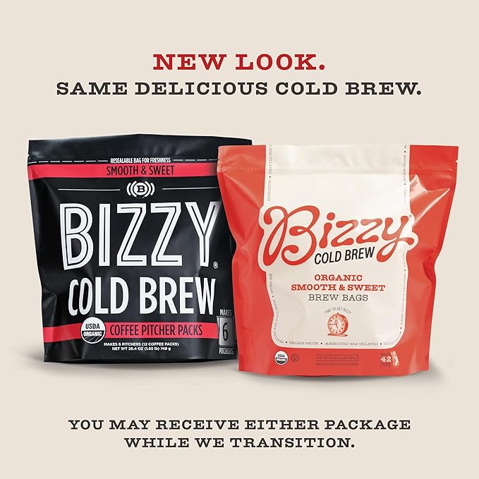 Bizzy Organic Cold Brew Coffee | Bundle | Coarse Ground Coffee | Dark &amp Bold 1 LB + Smooth &amp Sweet Pitcher Pack 12-count | 2 Pack