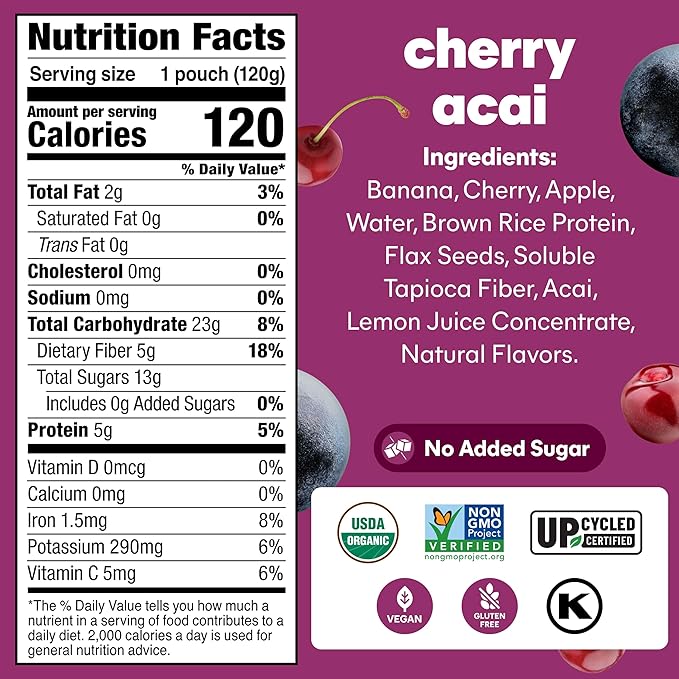 Noka Superfood Fruit Smoothie Pouches Cherry Acai Healthy Snacks with Flax Seed Plant Protein and Prebiotic Fiber Vegan and Gluten Free Snacks Organic Squeeze Pouch 4.22 oz 12 Count