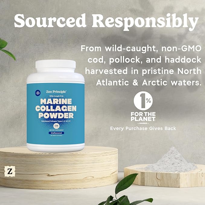 Zen Principle Marine Collagen Peptides Powder 1.5 lb. Wild-Caught Fish Non-GMO. Supports Healthy Skin Hair Joints and Bones.Hydrolyzed Type 1 &amp 3 Protein. Amino Acids.Unflavored Easy to Mix.