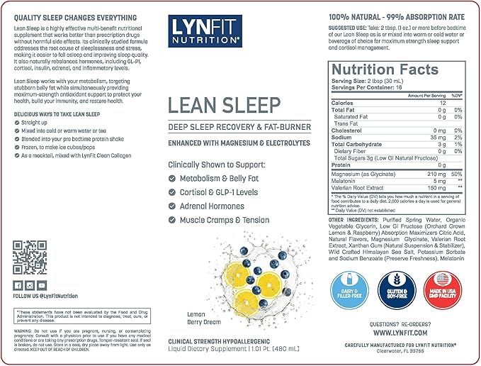 Lean Sleep Maximum Strength Fast Acting Liquid Melatonin w/Magnesium &amp Electrolytes - 1.01 Pint