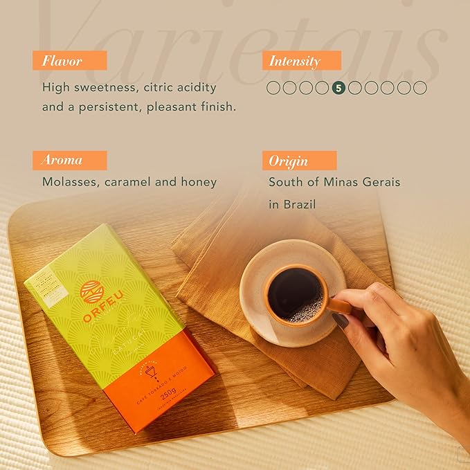 Catucaí Roasted and Ground Coffee 8.8 oz – Notes of Molasses Caramel and Honey – Natural Sweetness Balanced Profile and Medium-Light Roast – Café Orfeu