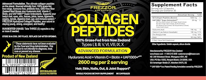 FREZZOR Collagen Peptides with UAF1000+ 100% Grass-Fed New Zealand Cattle Source Hydrolyzed Joint Skin Hair &amp Nail Support Amino Acids Anti-Aging 180 Capsules 2 Bottles