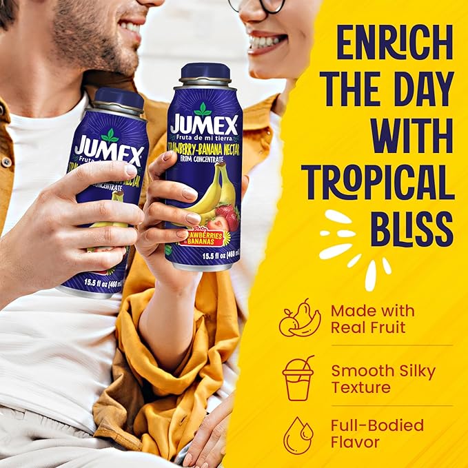 Jumex Strawberry Banana Nectar Lata Botella - Fresh Fruit Puree &amp Tropical Fruit Juice Concentrate for Smoothie Mix Cocktail Mixers &amp Kids Beverages - 15.5oz 12 Pack Resealable Juice Bottles
