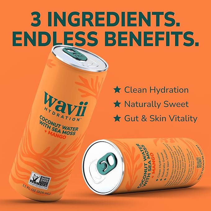 Wavii Hydration Organic Coconut Water with Organic Sea Moss plus Mango 11 fl oz Cans Pack of 12 – Clean Refreshing Hydration with Naturally Occurring Electrolytes No Added Sugar Non-GMO