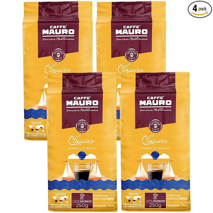 Caffe Mauro Classico Ground Espresso Coffee from Italy 8.8 oz. (250g)(Pack of 4) Creamy Dark Roast Espresso - 9/10 Intensity - Perfect for Moka Pot