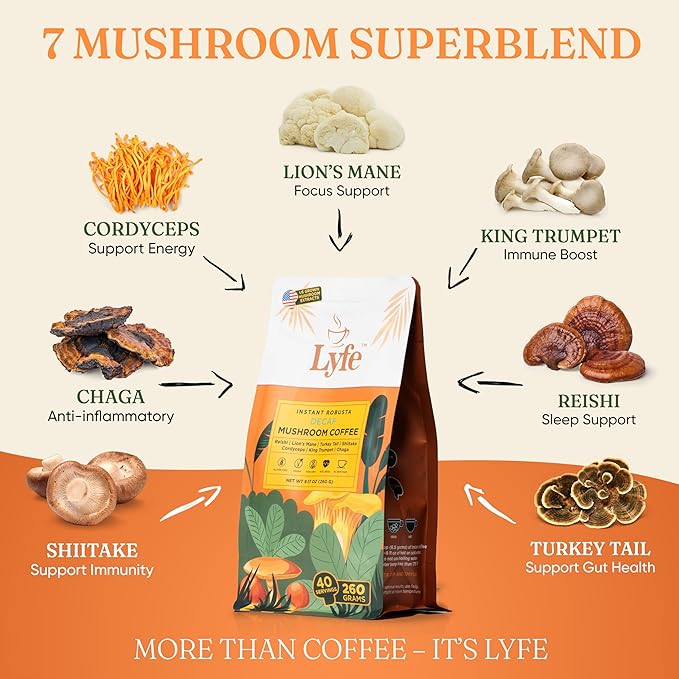 LYFE Organic Instant Decaf Mushroom Coffee 40 Servings – Lion’s Mane Chaga Cordyceps &amp Turkey Tail | Adaptogenic Blend for Energy Focus &amp Wellness | Natural Superfood Coffee for Daily Vita