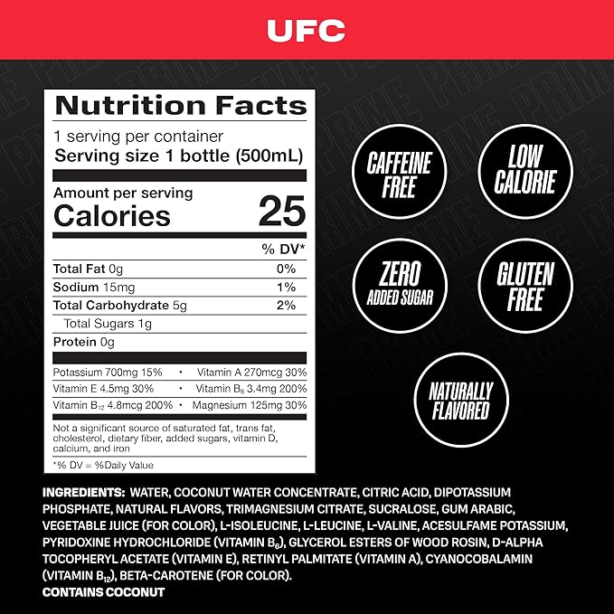 PRIME Hydration UFC Sports Drinks Electrolyte Enhanced for Ultimate Hydration 250mg BCAAs B Vitamins Antioxidants Low Sugar 16.9 Fl Oz 12 Pack