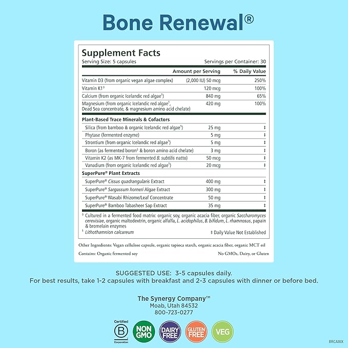 PURE SYNERGY Bone Renewal | Bioavailable Calcium with Cofactors | Natural Vegan Supplement with Vitamin D3 K2 Magnesium &amp Boron | for Lasting Bone Strength (150 Capsules)