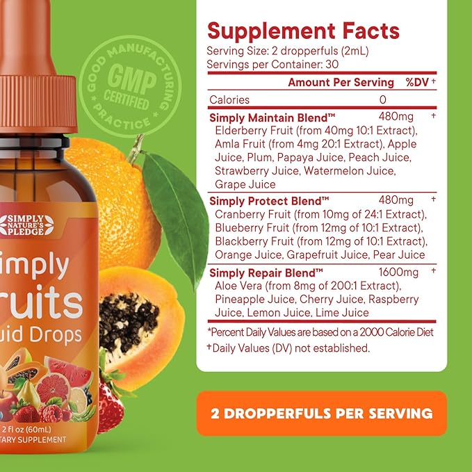 Simply Nature's Pledge - Fruit and Vegetable Supplements - Liquid Drops - Made with Whole Food Superfoods Packed Vitamins &amp Minerals - Soy Free - Made in The USA