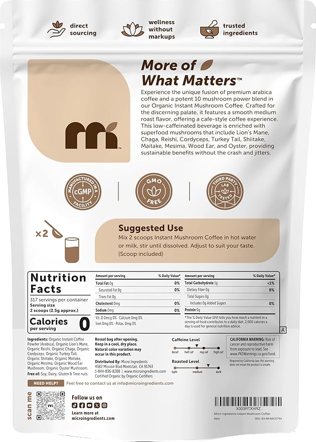 Micro Ingredients Organic Instant 10 in 1 Mushroom Coffee Powder 28 Ounce (317 Servings) | Premium Arabica Coffee with Lion’s Mane Chaga Reishi &amp More