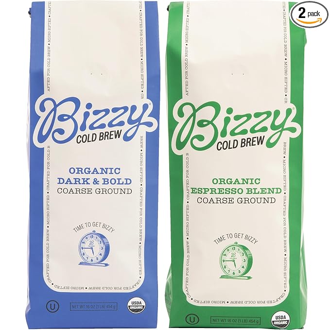 Bizzy Organic Cold Brew Coffee | Bundle | Coarse Ground Coffee | Dark &amp Bold 1 LB + Espresso Blend 1 LB | 2 Pack