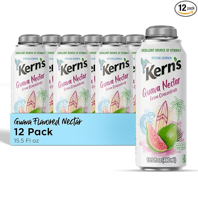 Kern’s Guava Nectar Lata Botella - Made with Fresh Fruit Puree - Guava Juice Concentrate for Tropical Fruit Smoothie Mix Cocktail Mixers &amp Kids Beverages - 15.5oz 12 Pack Resealable Juice Bottle