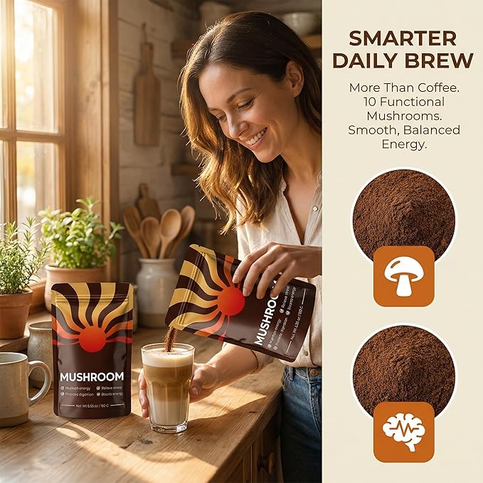 Mushroom Coffee – Mushroom Coffee Blend with 10 Mushrooms + Collagen – Organic Instant Coffee Mix for Balanced Energy Focus &amp Wellness – Low Caffeine Sugar-Free Dairy-Free 30 Servings