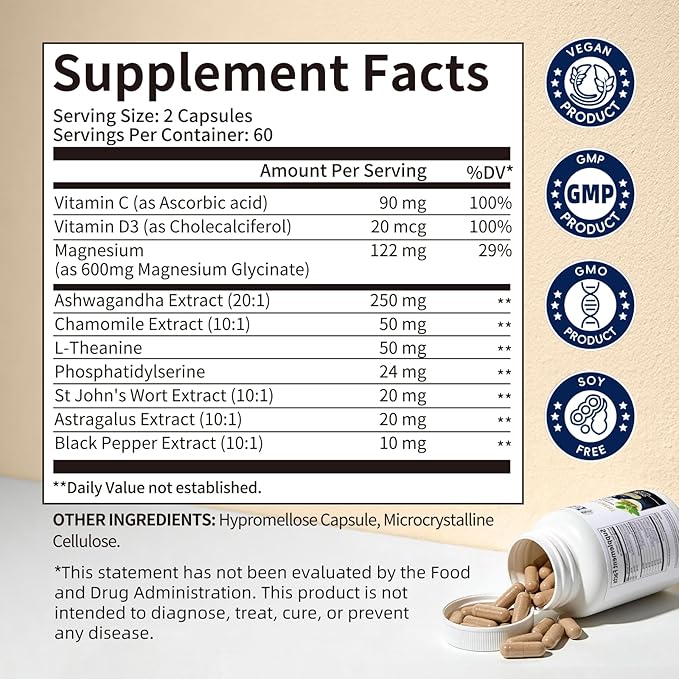 Cortisol Supplements for Women and Men with Magnesium AshwagandhaL-TheanineChamomile &amp PSHigh Cortisol Reducer Manager Detox Lower for MoodFocusSleepNon-DrowsyNo Melatonin