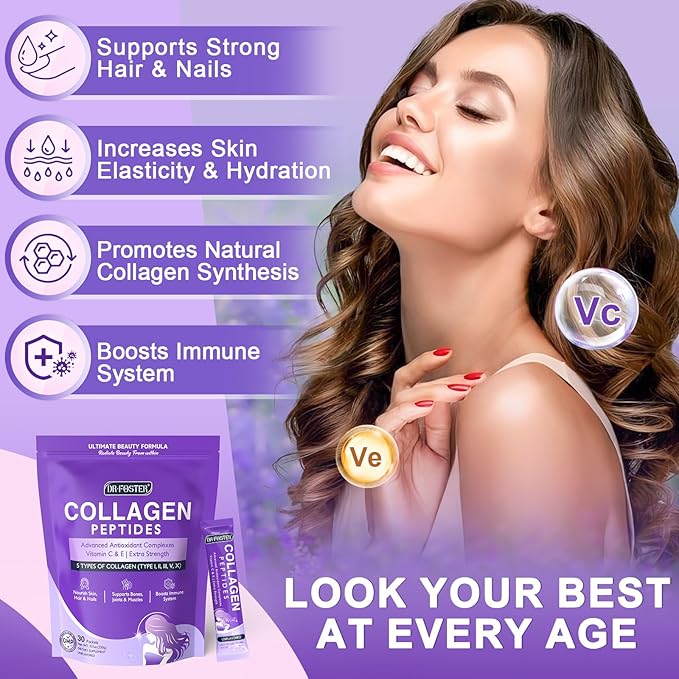 DRFOSTER Collagen-Peptides-Powder-Packets - Multi Type I II III V X Collagen for Women with Antioxidant Blend + Vitamin C &amp E for Skin Hair Nail &amp Joint Non-GMO 30 Stick Packs