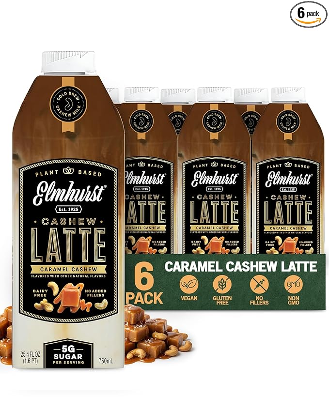 Elmhurst 1925 Caramel Cashew Latte – Plant-Based Vegan Dairy-Free Plant Milk Latte Made of Cashew Milk Cold Brew Premium Arabica with 95mg Caffeine &amp Sweet Caramel Notes – 25.4oz (Pack of 6)