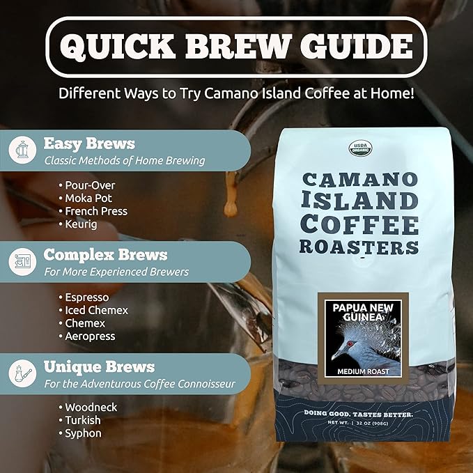 Camano Island Coffee Roasters Papua New Guinea Whole Bean 2lb Fresh Medium Roast USDA Organic Fairly Traded Shade Grown Top 1% Arabica Delicious Cocoa Dried Fruit Brown Sugar Flavor Profile