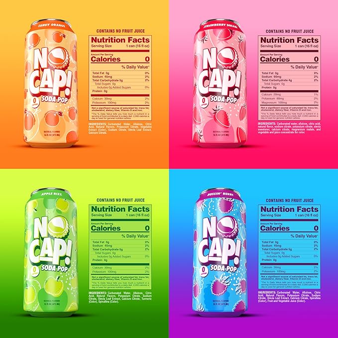NO CAP! Next Gen Soda Pop with Zero Sugar Zero Calories and Electrolytes for Hydration Naturally Flavored Caffeine-Free Soda Vegan &amp Gluten-Free 16 oz Cans (Variety Pack)