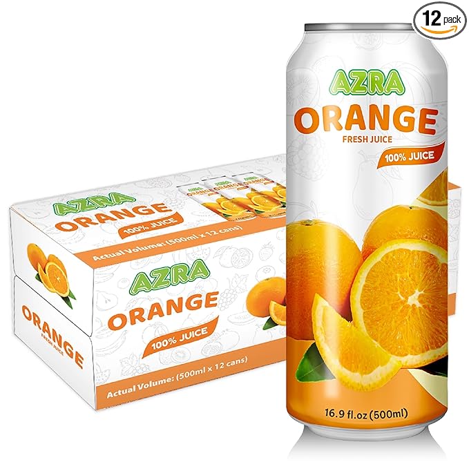 AZRA 100% Orange Juice 500ml Cans (Pack of 12) - Pure Fruit Juice Beverages - Healthy Juice with No Added Sugar Fresh Orange Juice Taste Vitamin C Rich Healthy Drinks 12 Count