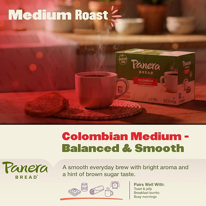 Panera Bread Colombian Coffee Cups 100% Arabica Medium Roast Smooth &amp Balanced with Brown Sugar Notes No Artificial Ingredients 60 Single Serve Pods (6 Packs of 10)