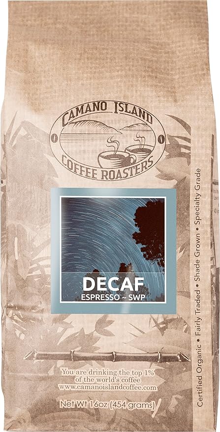 Camano Island Coffee Roasters Decaf Espresso Blend Ground 1lb Fresh Dark Roast Swiss Water Processed USDA Organic Fairly Traded Shade Grown Top 1% Arabica Sweet Molasses Mixed Berry Flavor