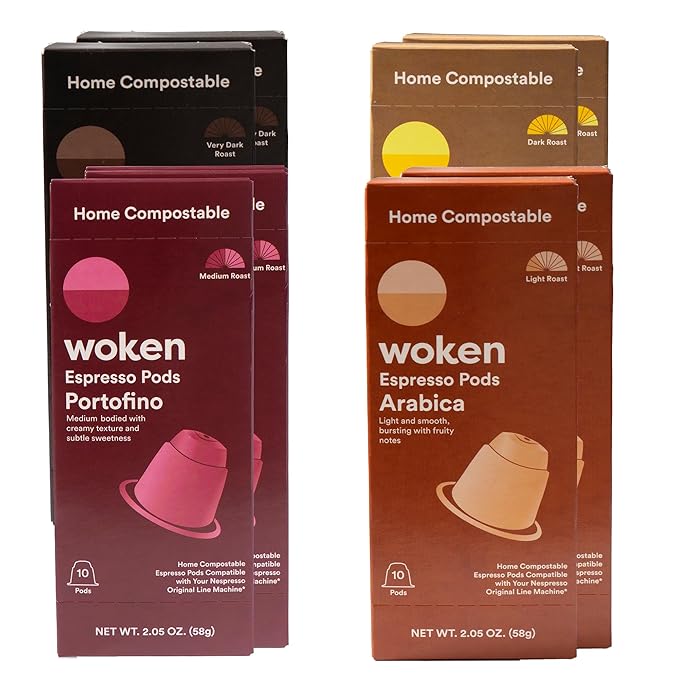 WOKEN COFFEE Compostable Pods | Variety Pack | Fresh Roasted in USA | Compatible With Nespresso Original Machines | Rich Aroma Smooth Taste Eco-Friendly Biodegradable Coffee Capsules |80 Pods (8 Bo