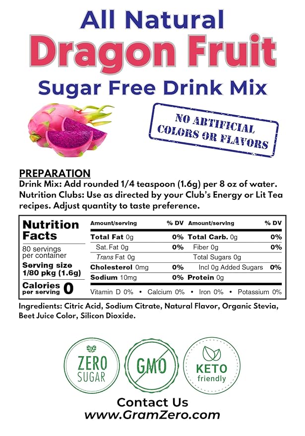 GramZero All Natural Dragon Fruit Zero Calorie Sugar Free Drink Mix Great For Nutrition Club Loaded Tea Stevia Sweetened
