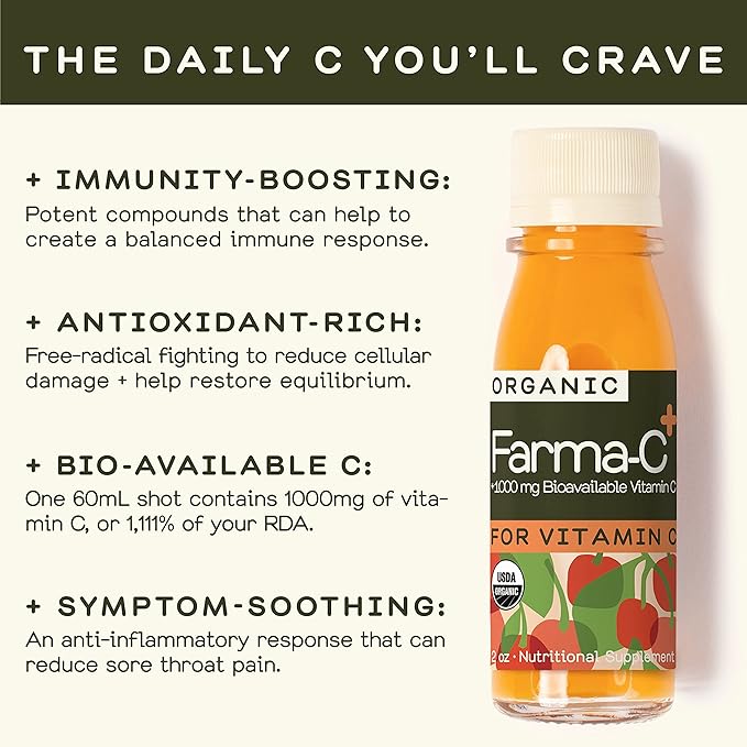 Greenhouse Juice Organic Farma-C+ Wellness Shots Vitamin C Immune Shot Cold-Pressed with Orange Acerola Cherry Sea Buckthorn Berry and Fermented Echinacea | Vegan &amp Gluten-Free (2 Oz Pack of 12