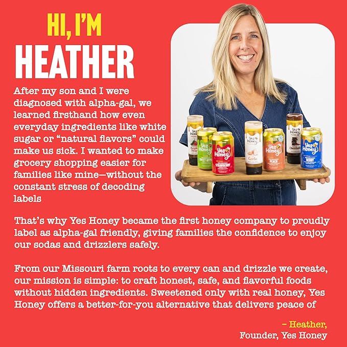 Yes Honey Soda Strawberry 11oz (12-Cans) 100% Honey-Sweetened Healthy Soda Alpha Gal Friendly Gluten Free Caffeine Free No Added Sugar