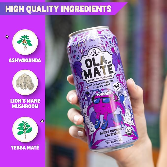 Yerba Mate Energy Drink - Low Sugar Sparkling Tea Cans with Ashwagandha Lion’s Mane USDA Organic Clean Energy Drink with 150mg Natural Caffeine Ola Mate Berry Coconut
