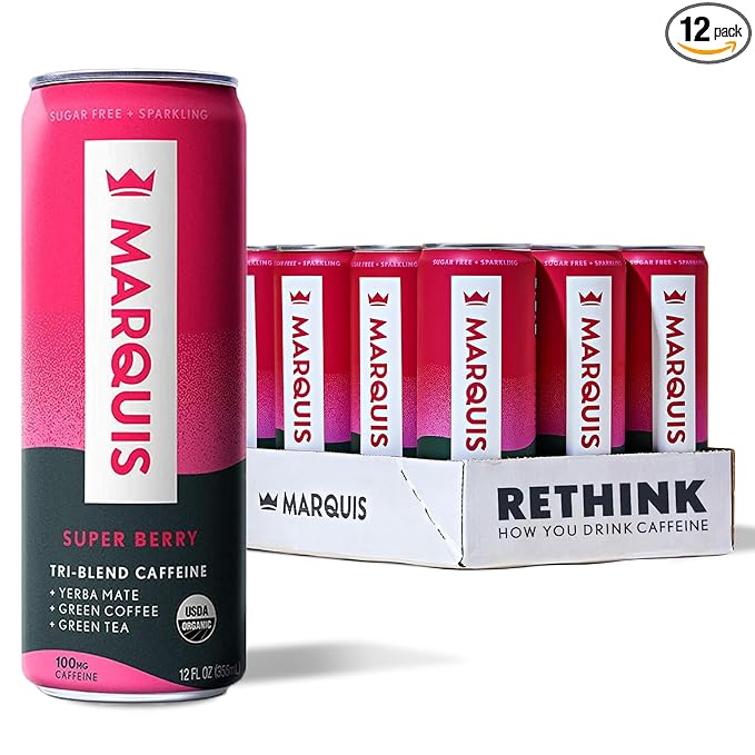 Marquis Natural Energy Drinks Sugar Free Zero Calories - 100mg Organic Plant Based Caffeine Yerba Mate Green Tea &amp Green Coffee - Vitamin C &amp Bs - Super Berry Healthy Energy Drink - 12oz Cans