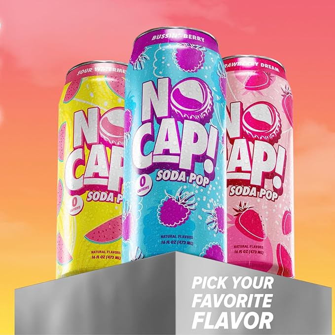 NO CAP! Next Gen Soda Pop with Zero Sugar Zero Calories and Electrolytes for Hydration Naturally Flavored Caffeine-Free Soda Vegan &amp Gluten-Free 16 oz Cans (Variety Pack)