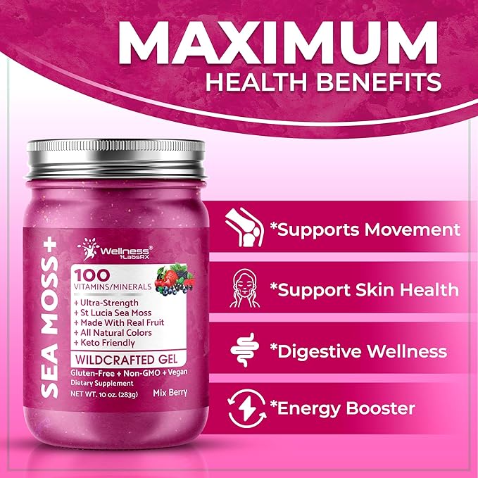 WELLNESS LABSRX Irish Sea Moss Gel Raw - Wildcrafted Superfood Seamoss Gel - Mix Berry Flavor Vitamin and Mineral-Rich from Pristine Caribbean Waters Immune and Digestive Health Support - 10 oz.